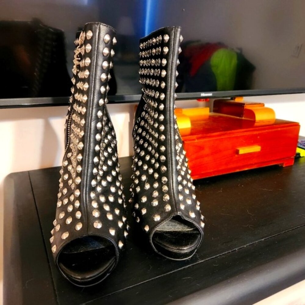Studded peep toe boots heeled boots